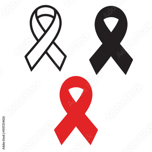 Breast cancer awareness Ribbon Icons Black White Pink Support Charity, Breast cancer awareness Ribbon Icons Set Black and White Line Art, 