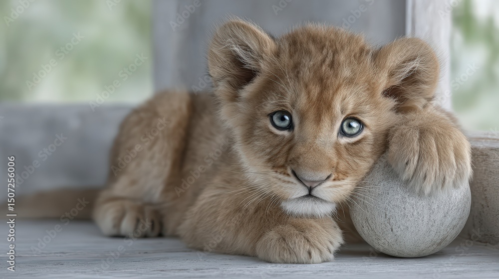 Obraz premium Adorable Lion Cub Wildlife Animal Portrait Baby Lion Soft Fur Cute Innocent Playful