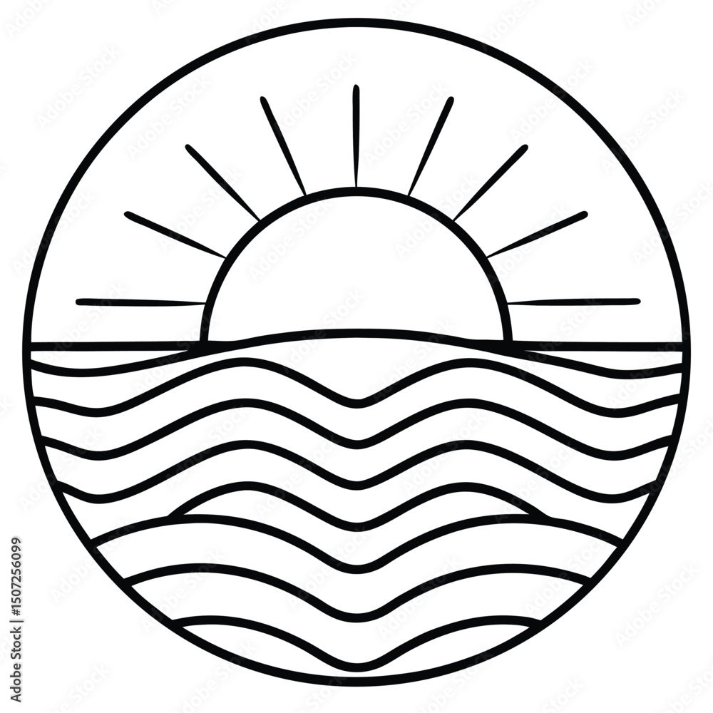 Fototapeta premium Ocean Sunrise Graphic Design Element Vector Illustration Coastal Waves