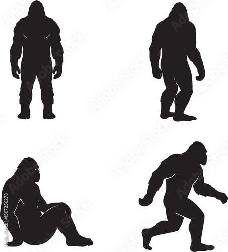 Bigfoot Silhouettes Four Unique Poses in Black and White Vector Illustration