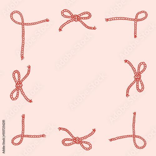 Coquette frame of rope and corde bows with knot tied. Cowboy design trendy border template. Wild West decor for birthday, wedding, holiday, party. Vintage background for greeting cards, invitations