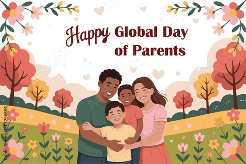 Happy Global Day of Parents, Dearest Greeting Card with Family Illustration, Warm Celebration Design
