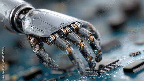 Dynamic angle of robotic arm skillfully assembling a printed circuit board in a high-tech industrial environment