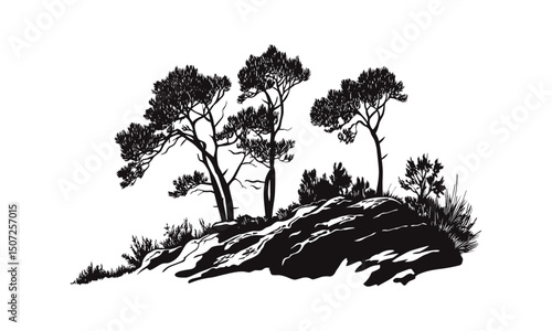 Engraved Canyon Side Tree Silhouettes, rocky forest vector illustration, dry terrain clipart, juniper tree cutout, vintage forest element, nature vector, outdoor wilderness.