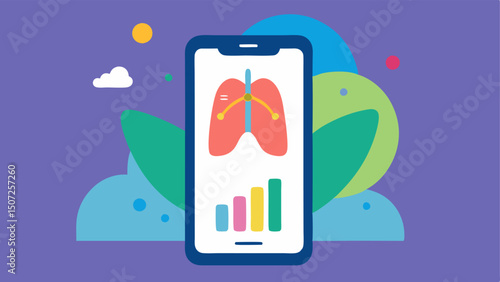 Mobile App Interface A smartphone displaying an app interface that tracks lung function over time with vibrant charts and a stylized representation of healthy lungs in the