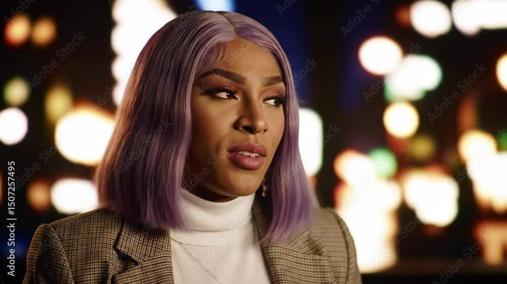 Confident Transgender Woman Speaking Interview Style with Bokeh Background Confident Transgender Woman Speaking Interview Style with Bokeh Background