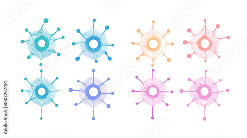 Collection of Eight Abstract Molecule Geometric Shapes with Gradient Hues on White Background