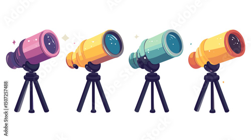 Collection of Four Colorful Pixel Art Telescopes on Tripods for Astronomy and Space Exploration Against White Background