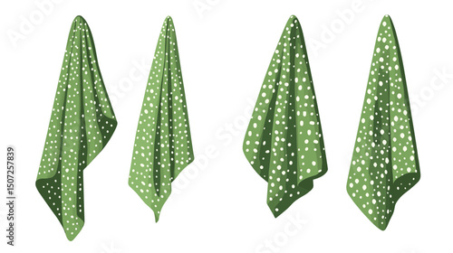 Collection of Green Towels with White Spots Hanging in a White Background