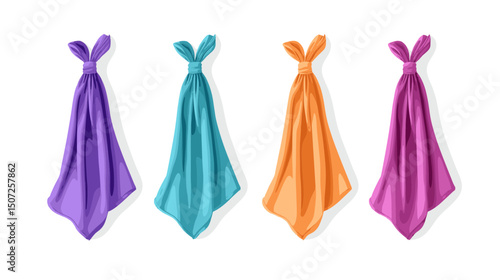 Collection of Hanging Soft Towels in Purple Blue Orange and Pink Shades with Knotted Ends in a Clean Minimalist Style