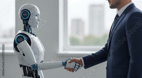Business professional shaking hands with humanoid robot in modern office setting