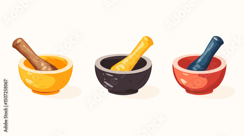 Collection of Pixel Art Mortars and Pestles in Yellow Black and Red Colors with Retro Design Elements for Game Graphics