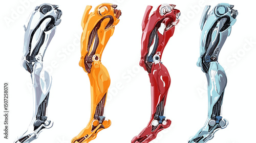 Collection of Pixel Art Mechanical Legs in White Orange Red and Cyan Colors Over White Background