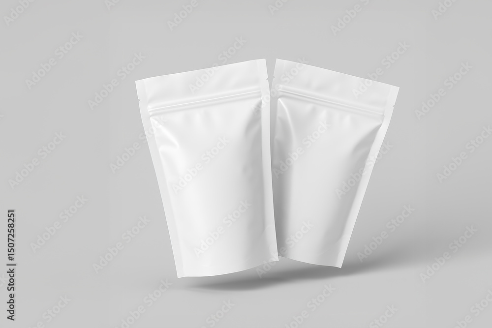 Two blank white stand up pouches on gray background. Perfect for packaging design, branding, and product presentation Two blank white stand up pouches on gray background. Perfect for packaging design, branding, and product presentation