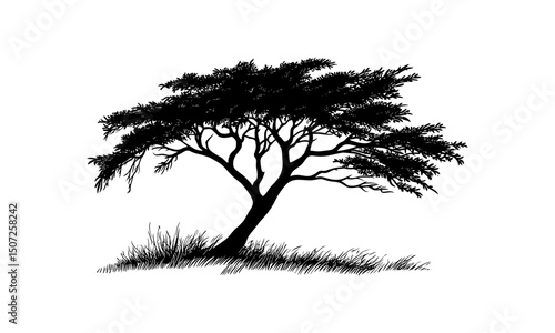 Hand-drawn cedar tree, forest silhouette, subtropical summer theme, vintage tree, organic design, vector illustration, woodland landscape, eco style, natural foliage, plant graphic.