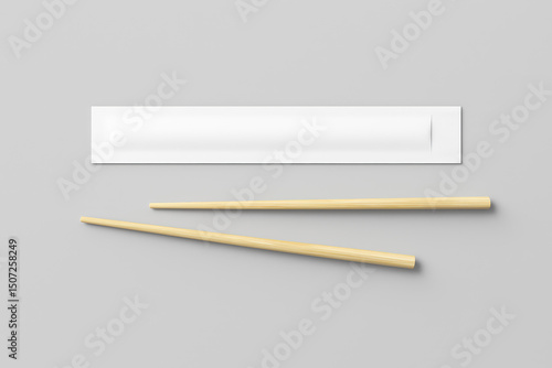Wooden chopsticks with white paper sleeve on gray background. Perfect for branding, packaging, or restaurant presentation.