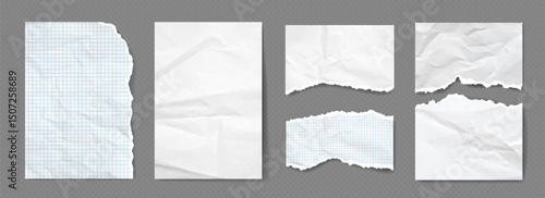 Paper pieces with wrinkles and torn edges. Empty white checkered pages with crumpled effect and uneven edges. Notepad pieces Realistic vector set. Design mockup of blank sheet