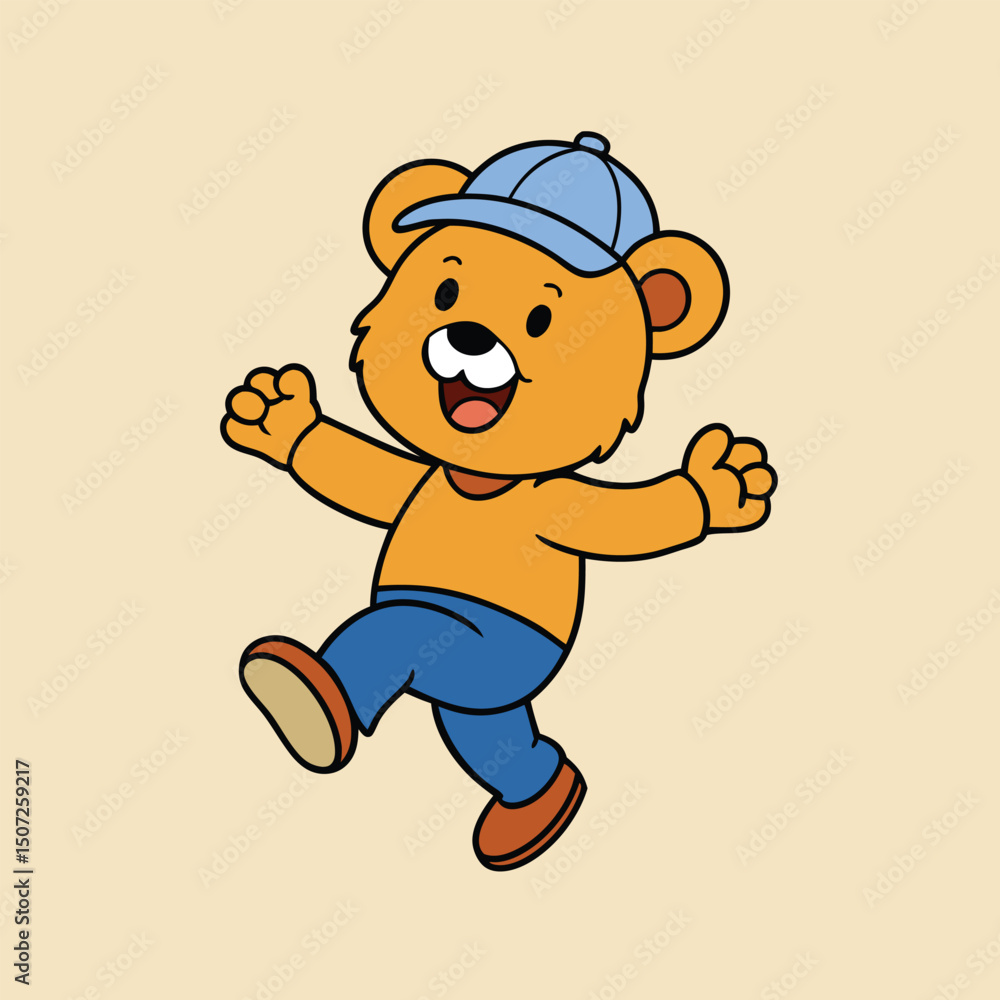 Obraz premium Cheerful Cartoon Bear Cub with Blue Cap Jumping and Smiling on a Pale Yellow Background 
