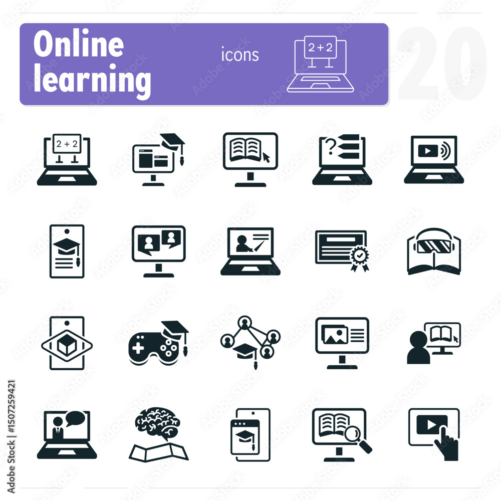 Online learning icons featuring students studying with laptops and mobile devices Online learning icons featuring students studying with laptops and mobile devices