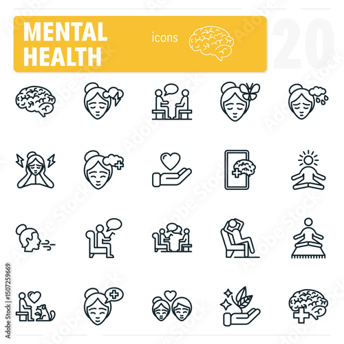 Mental health icons showing people meditating, talking and receiving therapy