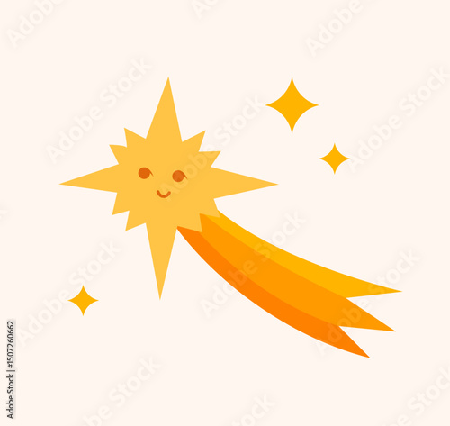 Cute smiling shooting star with a bright orange tail on a soft background. Perfect for children’s books, nursery art, invitations, or cosmic-themed designs. 