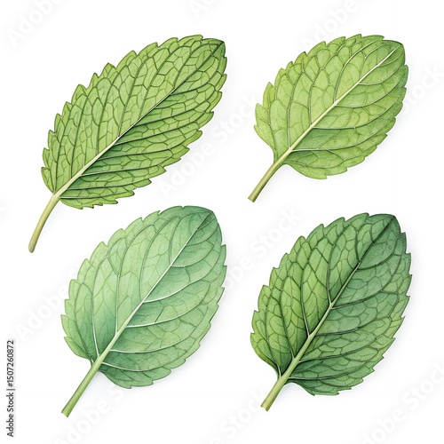 Four Fresh Green Mint Leaves Isolated on White Background Herbal Aromatic Ingredient