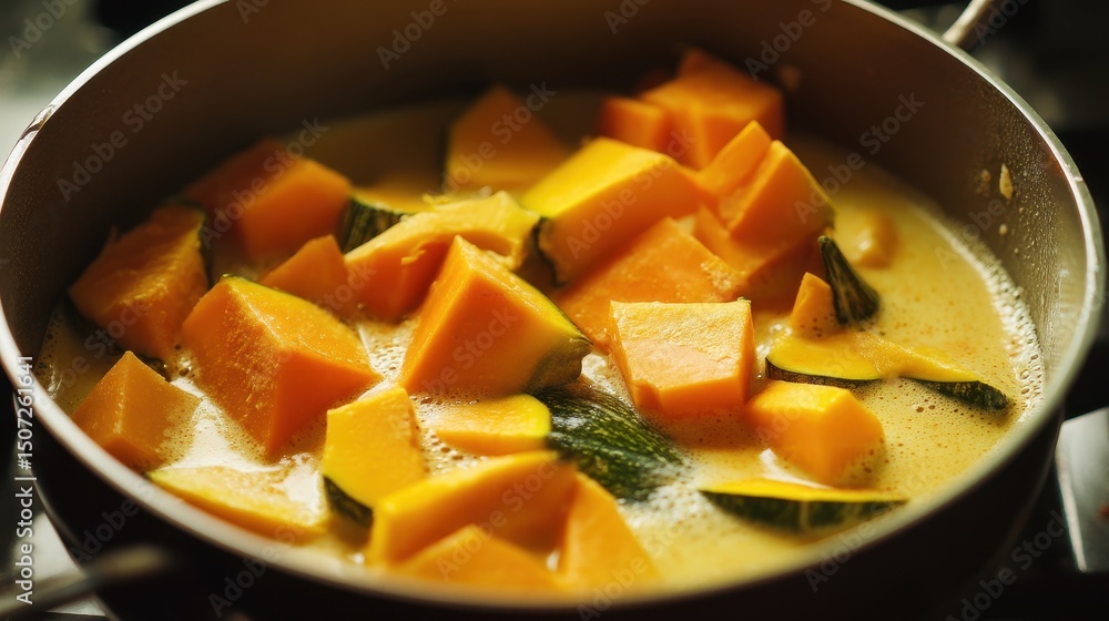 Vibrant Kabocha Squash Chunks Simmering in Creamy Sauce Vibrant Kabocha Squash Chunks Simmering in Creamy Sauce