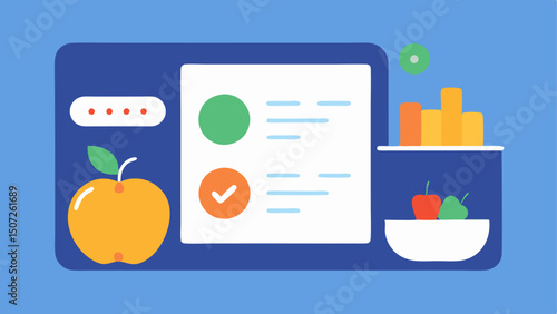 Nutrition Tracker An interface section featuring a food diary with simple food icons and a breakdown of nutritional information