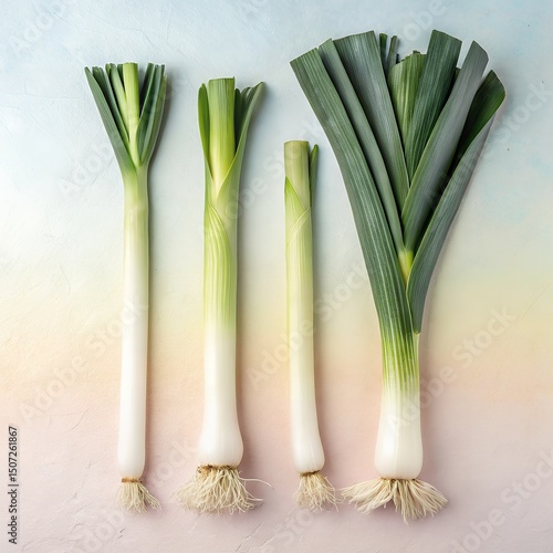 Fresh Leeks of Varying Sizes Arranged on Pastel Background Culinary Ingredient Vegetable Produce