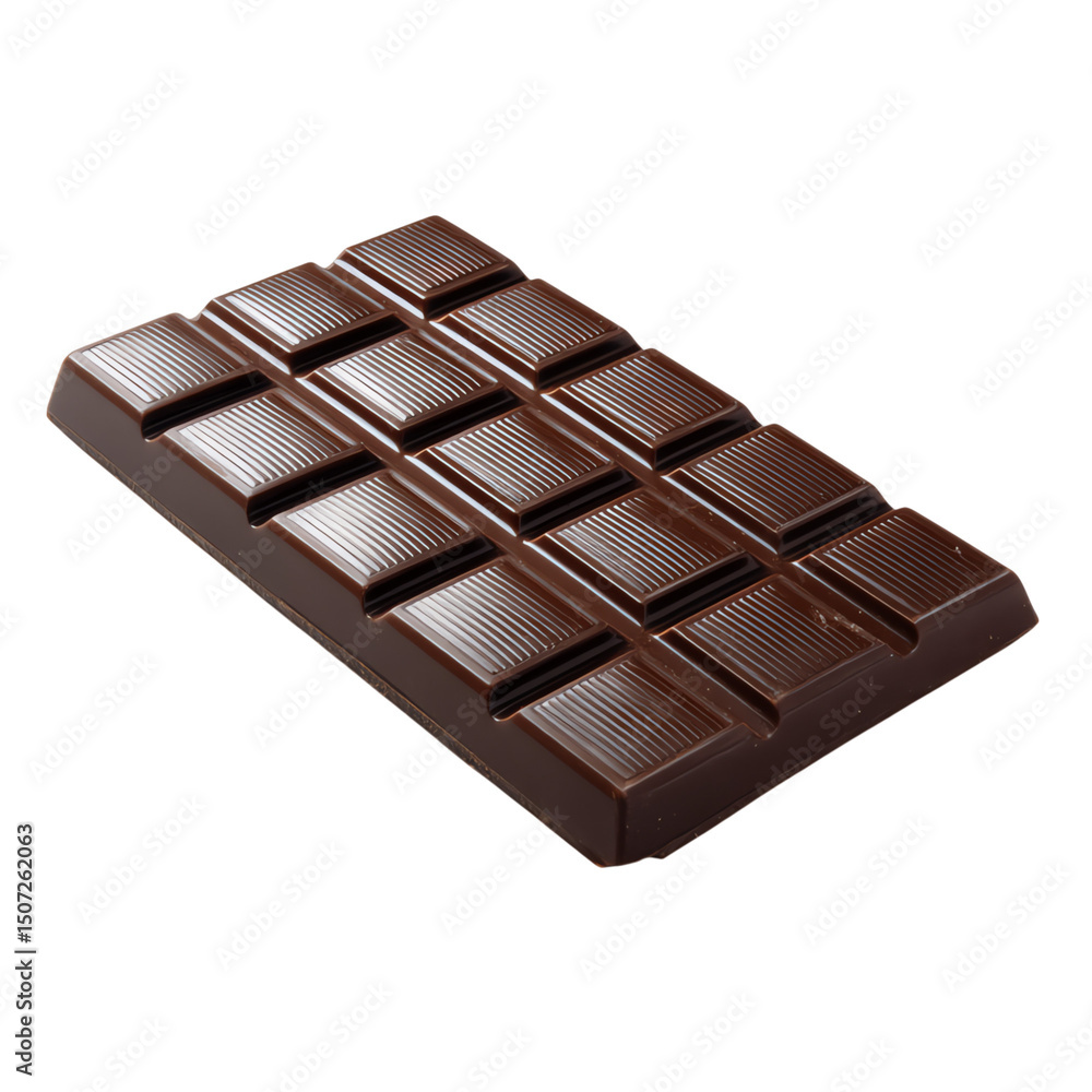Fototapeta premium A dark chocolate bar with rectangular segments and a glossy, smooth texture