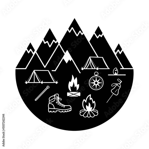 Camping Gear Icon Set with Mountain, Fire, and Tent Illustrations