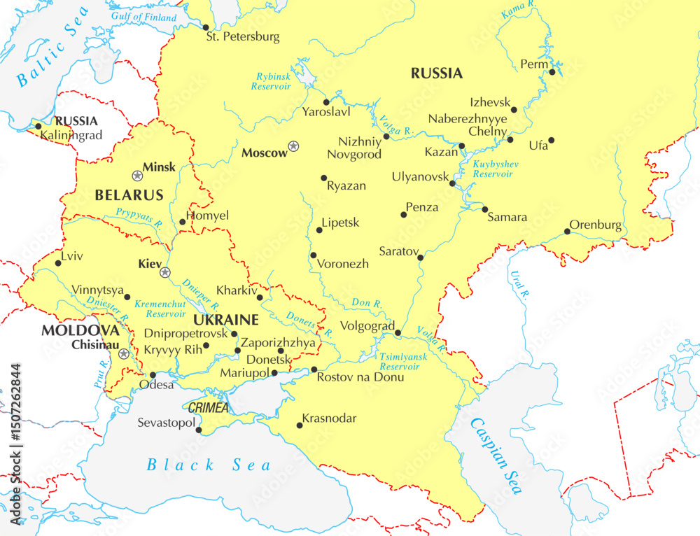 Obraz premium Vector ukraine, russia, belarus, moldova with cities on political world map. Fragment of eastern european region with kaliningrad, kiev, moscow, chisinau, crimea, sevastopol, mariupol, donetsk, odesa