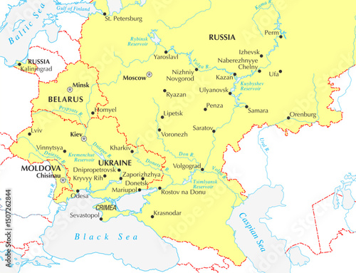 Vector ukraine, russia, belarus, moldova with cities on political world map. Fragment of eastern european region with kaliningrad, kiev, moscow, chisinau, crimea, sevastopol, mariupol, donetsk, odesa