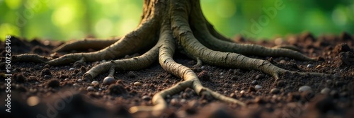 Close-up of intertwined roots, reaching deep into rich earth, symbolizing grounding and connection to nature during meditation , grounding, stillness, earthy tones
