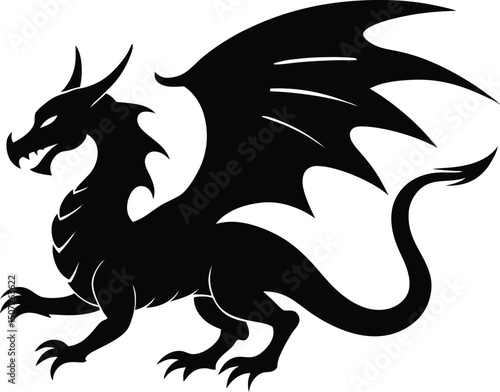 dragon icon silhouette style vector art illustration. Vector drawing of a black dragon silhouette design