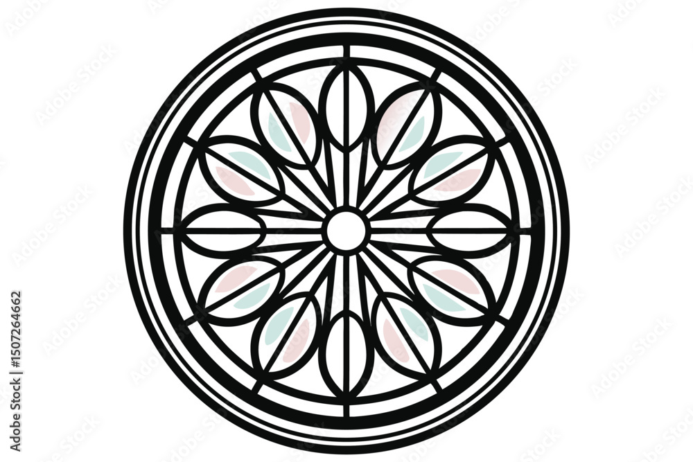 Elegant Rose Window Design with Pastel Accents, Geometric, Circular Ornament - Isolated Vector Illustration. Elegant Rose Window Design with Pastel Accents, Geometric, Circular Ornament - Isolated Vector Illustration.