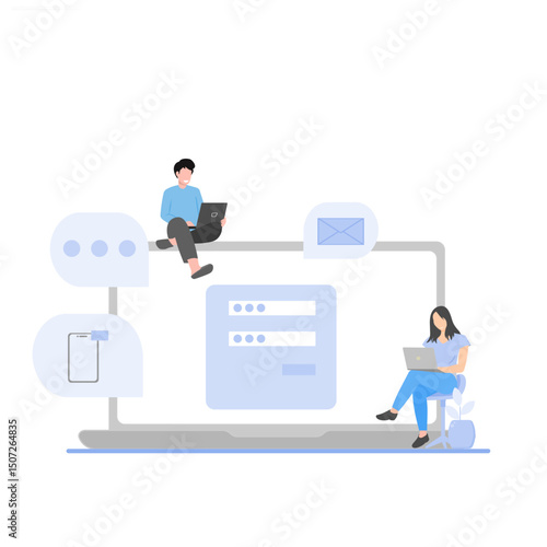 Illustration of registering using email, prepaid mobile phone number and linking using social media. concept of registration and login