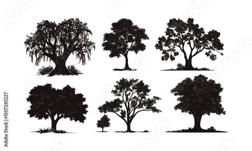Forest Silhouette with Chestnut Tree, outdoor design set, summer temperate scene, wild nature, black tree clipart, natural art, vector illustration, seasonal forest, environmental design, tree sketch.