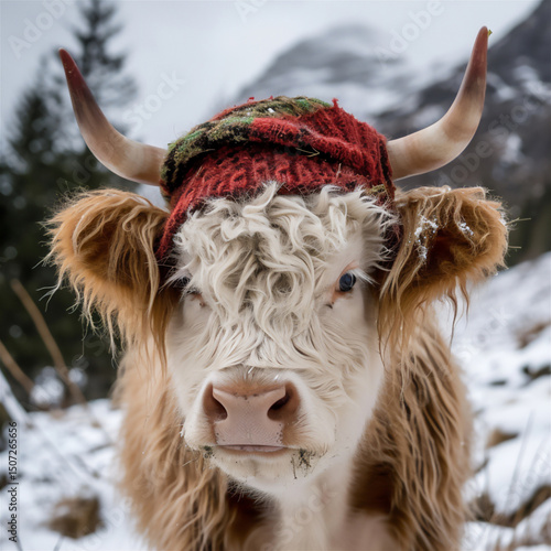 Highland cow with wooly cap