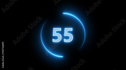 Glowing neon countdown one minute animation from 60 to 0 seconds. Modern flat design with animation in black background. HD quality.