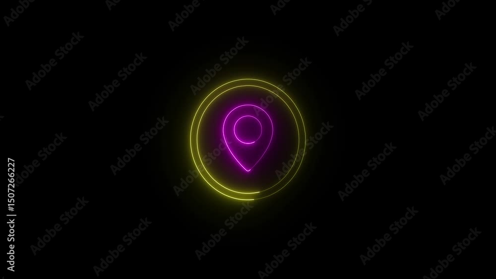 Neon location icon and located map pin marker animation on black background. Neon location icon and located map pin marker animation on black background.