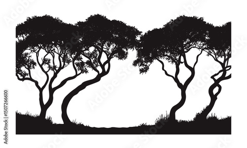 Coastal Tamarind Tree Silhouettes, tropical shoreline scene, curved tree trunks, humid forest art, beachy clipart pack, lush canopy vector, island jungle design, vector illustration.