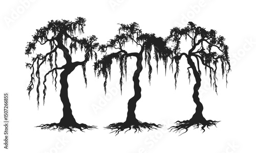 Lush canopy vector, Coastal Tamarind Tree Silhouettes, tropical shoreline scene, curved tree trunks, island jungle design, humid forest art, beachy clipart pack, vector illustration.