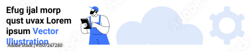 Worker in blue overalls using a tablet, accompanied by cloud and gear icons. Ideal for technology, digital tools, innovation, cloud computing, IT systems, maintenance, simple landing page