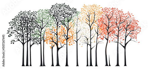Vibrant Forest Clipart, Colorful Fall Beech Tree Silhouettes, engraved canopy vector, autumn woodland scene, vector illustration, forest foliage, rustic trees artwork, transparent background.