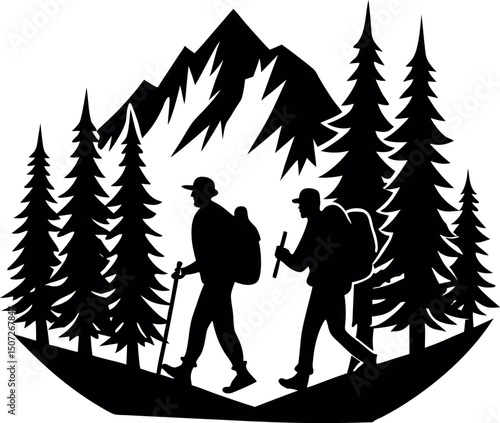 Hikers in the Mountains . silhouette vector..