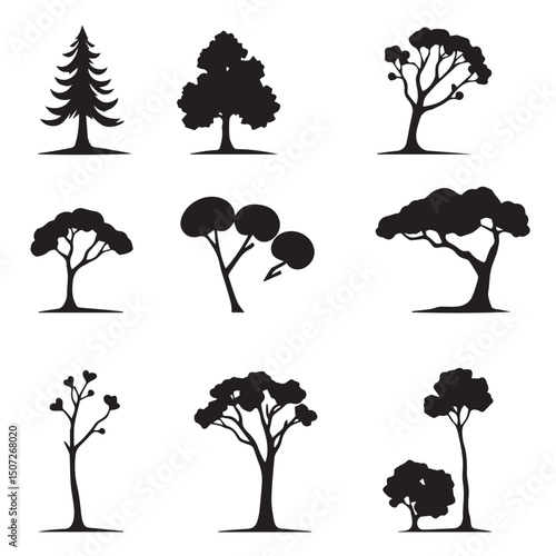 Collection of nine black tree silhouettes on white
