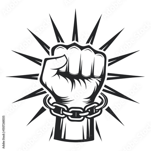 Fist with Chain, Emblem of Strength: Vector Illustration for Graphic Design and Symbolism, Black and White Artwork with Radiating Starburst.          