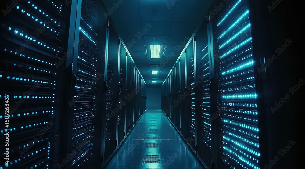Fototapeta premium High-tech data center corridor with rows of glowing blue server racks on both sides under ceiling lights showing modern computing infrastructure for cloud storage and enterprise networks
