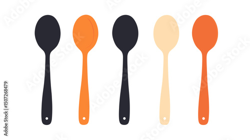 Arrangement of Dark and Light Spoons in a Row with Orange Black and Beige Colors on White Background